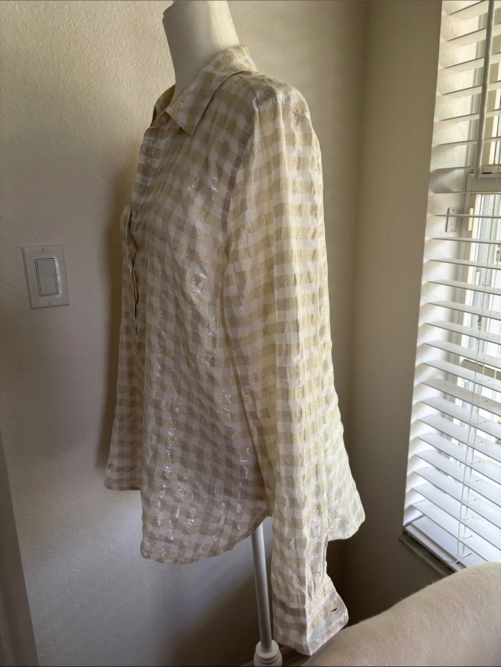 J. Crew White and Gold Soft Shimmer Metallic Check 5 Button Pop Over Shirt